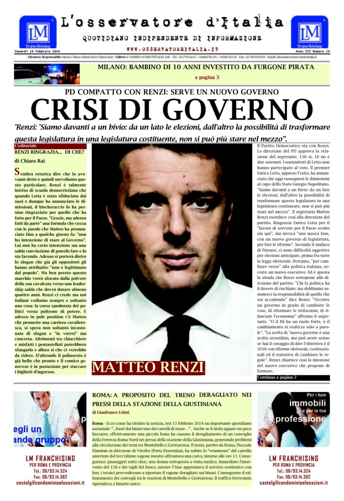 L'osservatore d'Italia edizione del 14 Febbraio 2014
